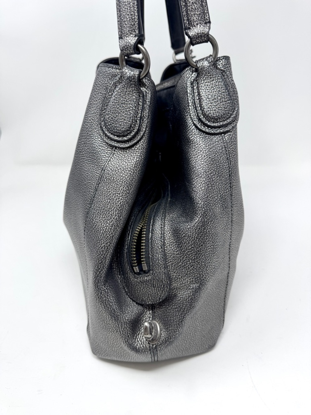 Coach Edie Metallic Gunmetal Pebbled Leather Shoulder Bag Tote - Picture 8 of 16
